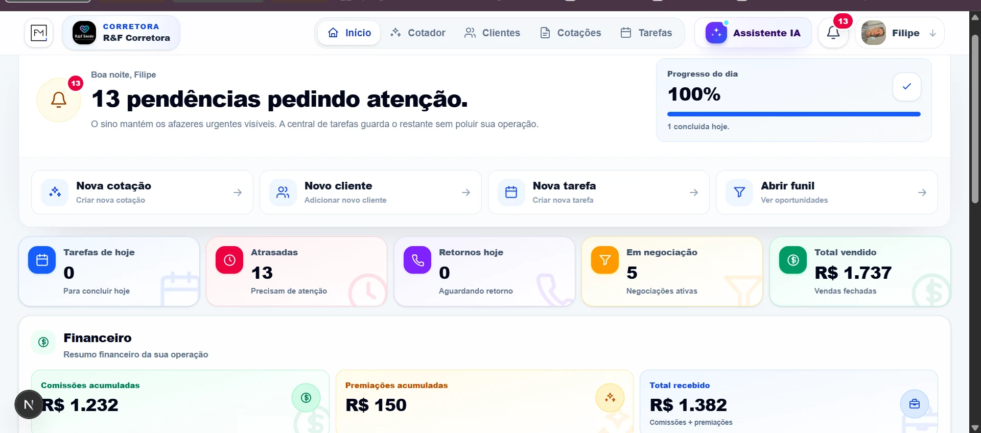 Painel do Corretor no Cotador FM