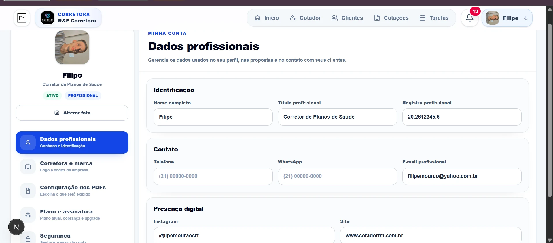 Tela atual de dados profissionais e perfil do Cotador FM