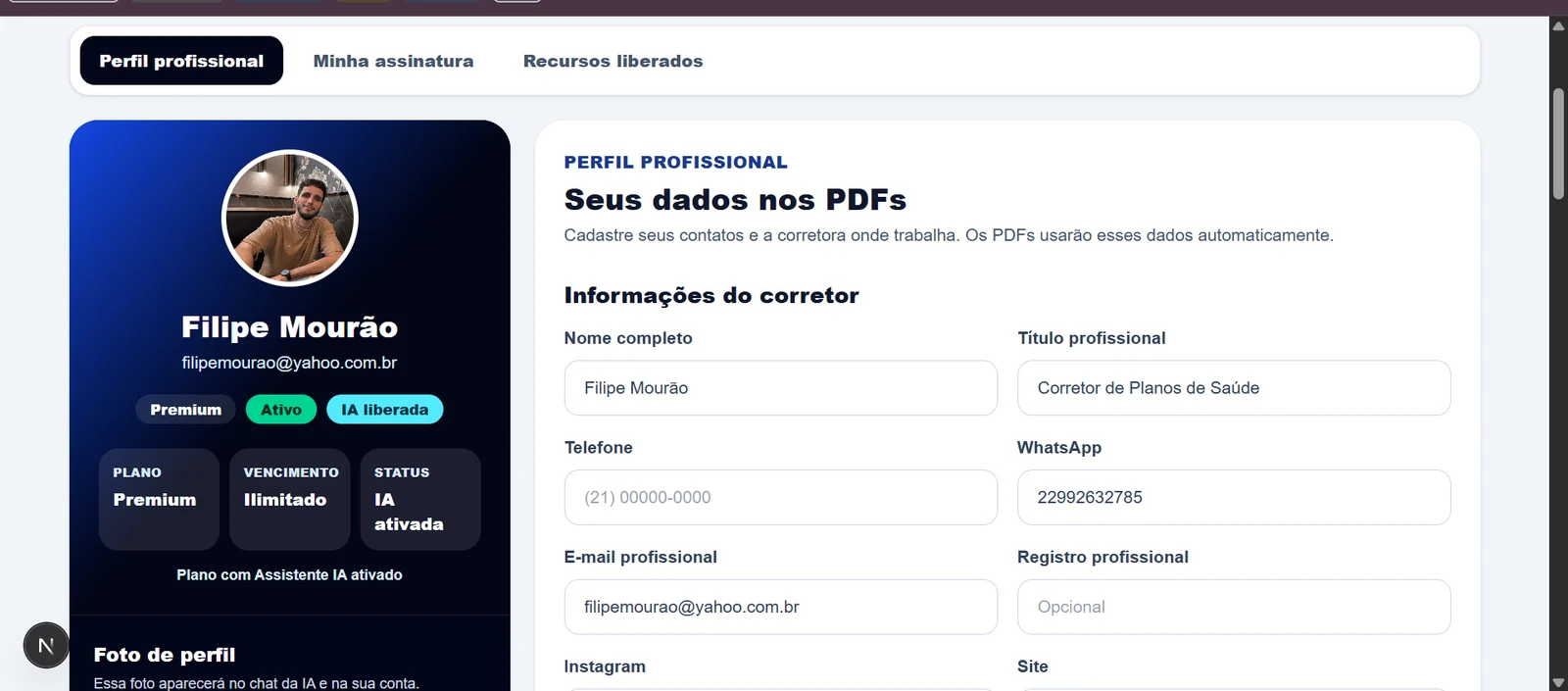 Perfil profissional do corretor no Cotador FM