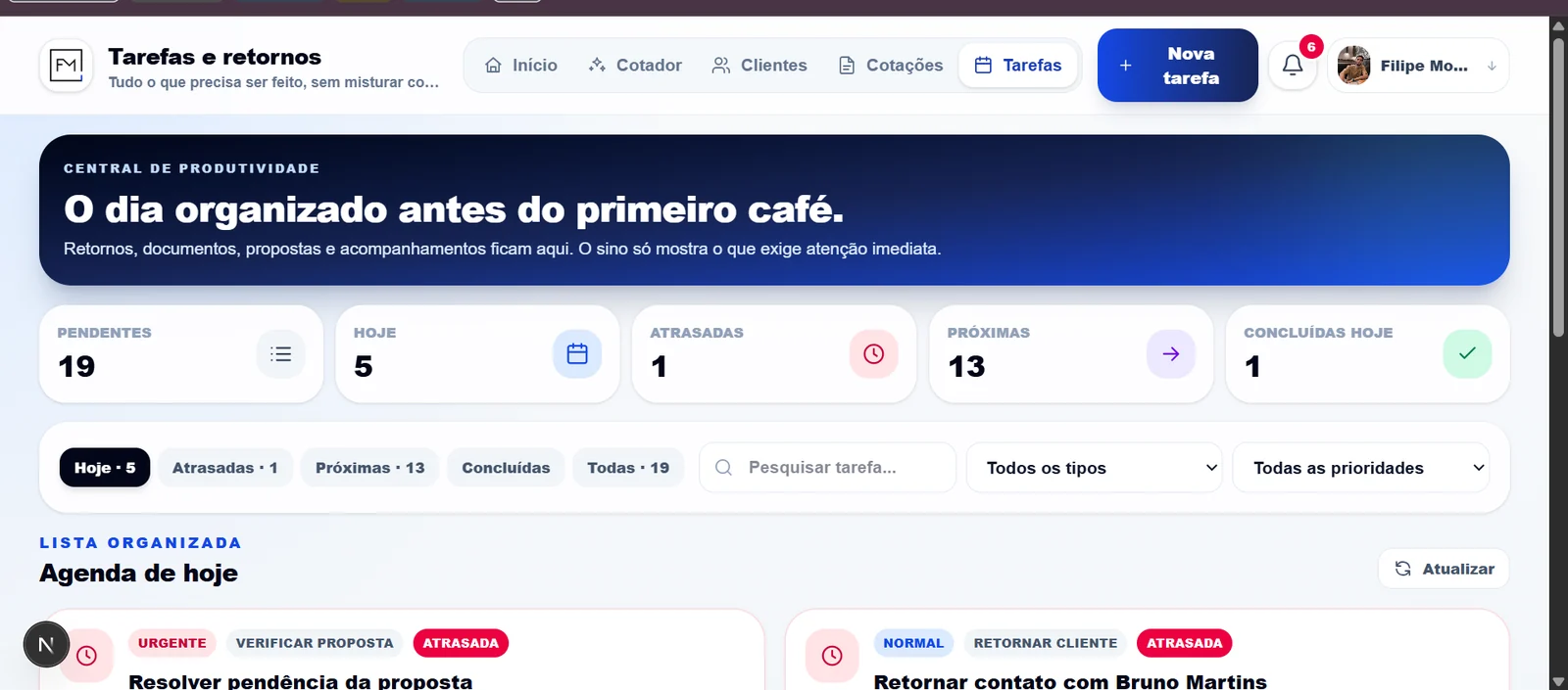 Central de tarefas e retornos do Cotador FM