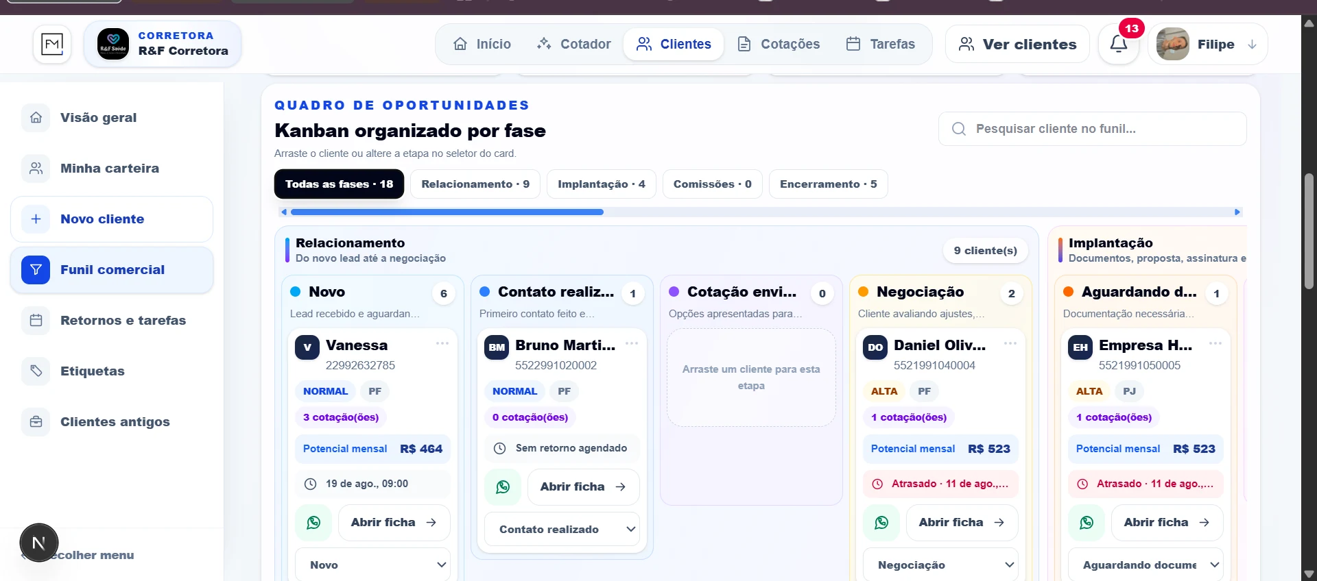 Funil comercial em Kanban do Cotador FM